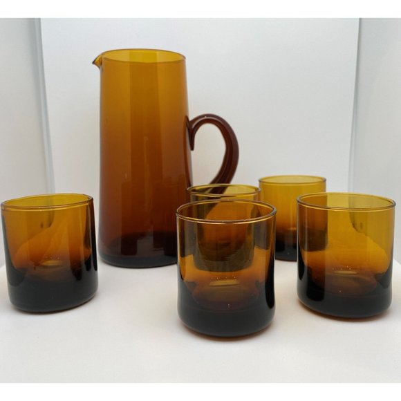 Hand Blown Pitcher With 5 Glasses Cocktails Mid Century Amber Brown Ombre - Picture 1 of 10